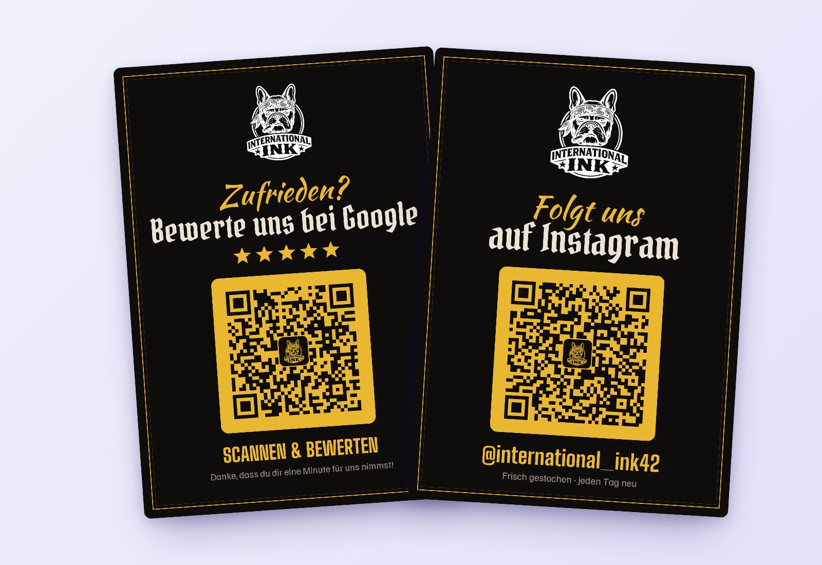 QR-Karten von International Ink für Google-Bewertungen und Instagram