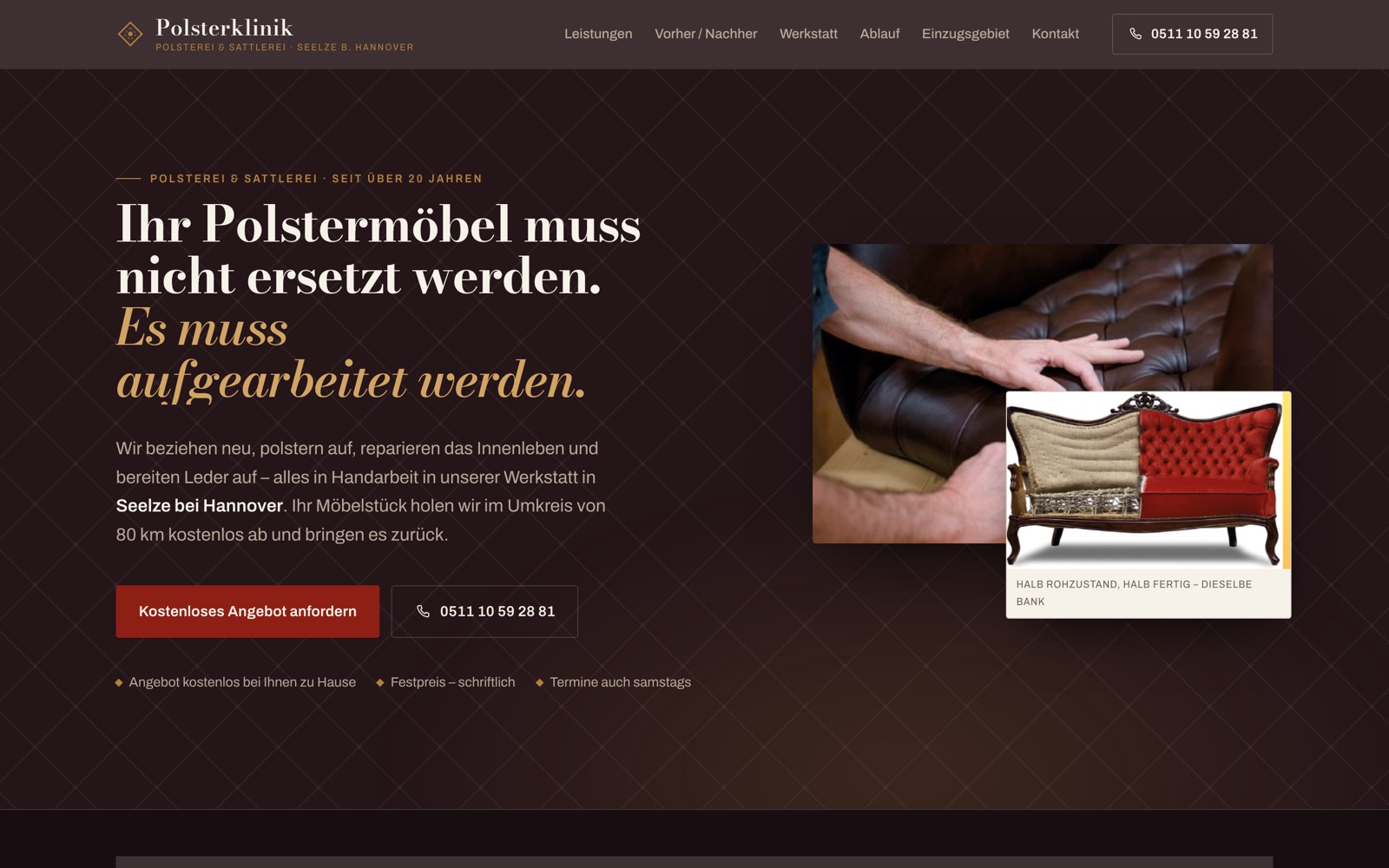 Startseite der Polsterklinik-Website am Desktop