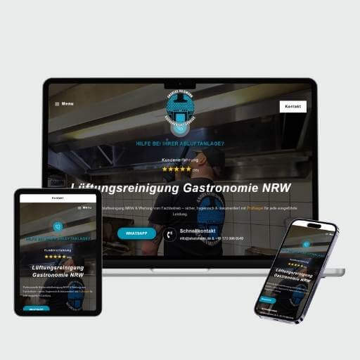 Website von Küchenabluft Service Huismann auf Laptop, Tablet und Smartphone